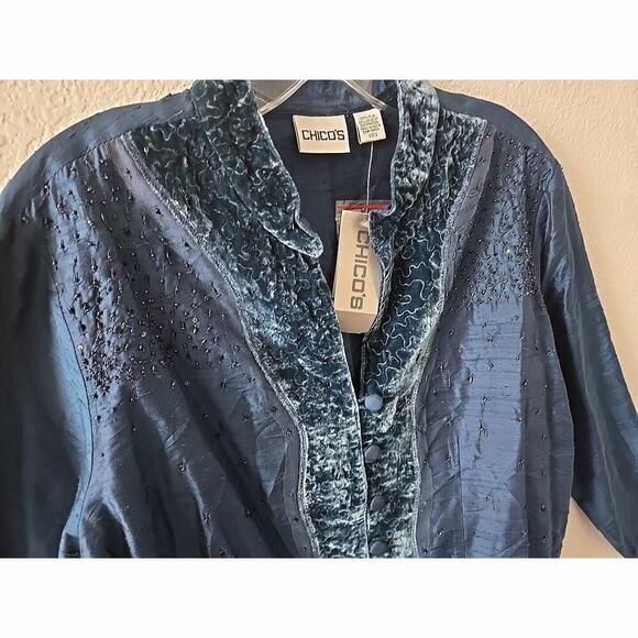 NWT Chico's Silk Jacket Blue Beaded Large 2 Velvet Trim Shimmer Special Occasion - Picture 4 of 8